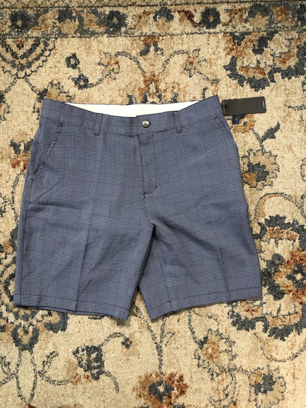 Adidas Shorts Mens 34 Blue Plaid Golf Stretch 10 Inseam Performance Summer